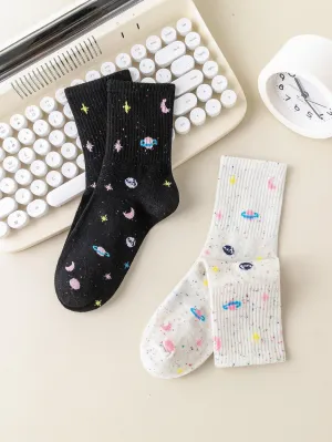 2pairs Moon & Planet Crew Socks for Women Cute Socks Novelty Socks Fun Socks