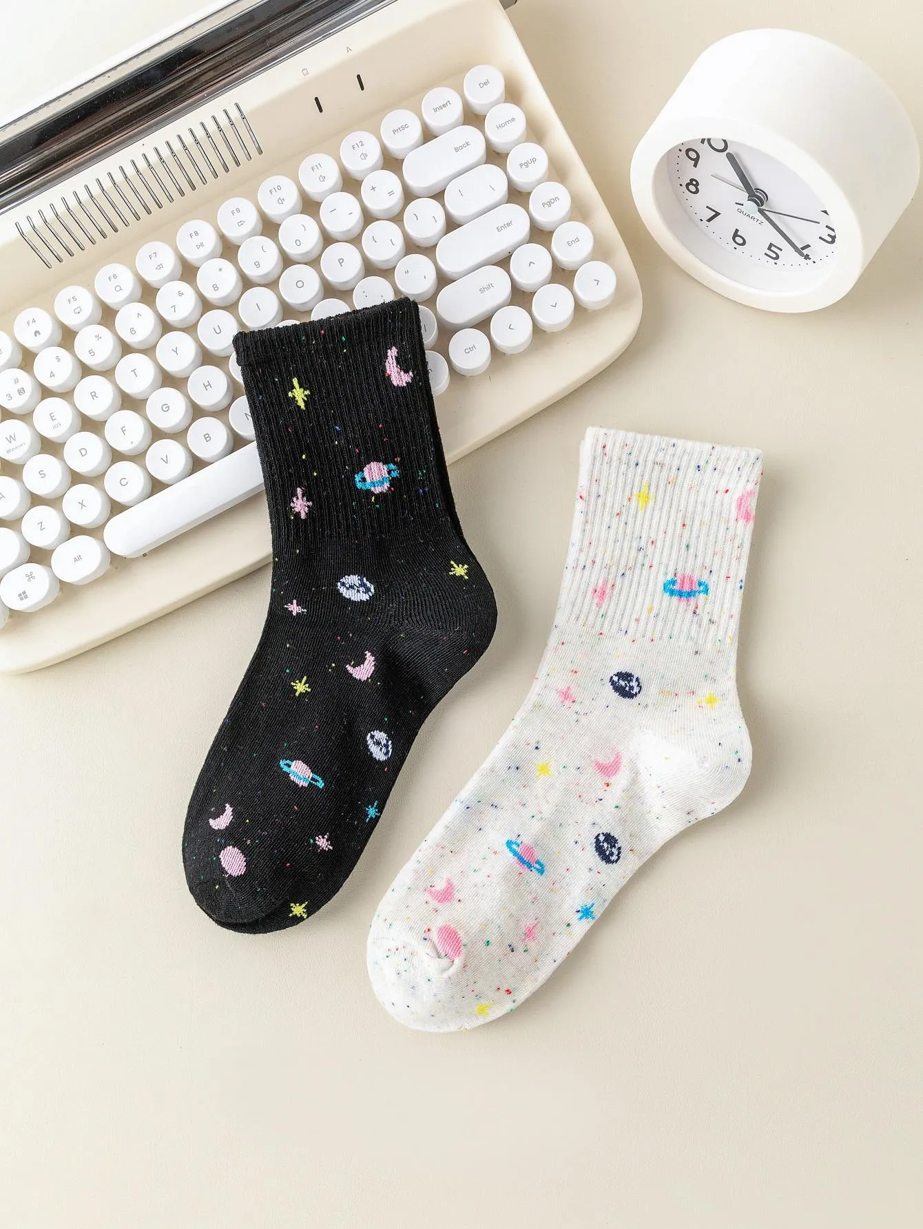 2pairs Moon & Planet Crew Socks for Women Cute Socks Novelty Socks Fun Socks