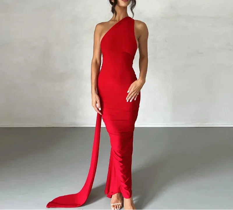 Alencia One Shoulder Bodycon Maxi Dress with Train  Formal Occasion Dress for Women