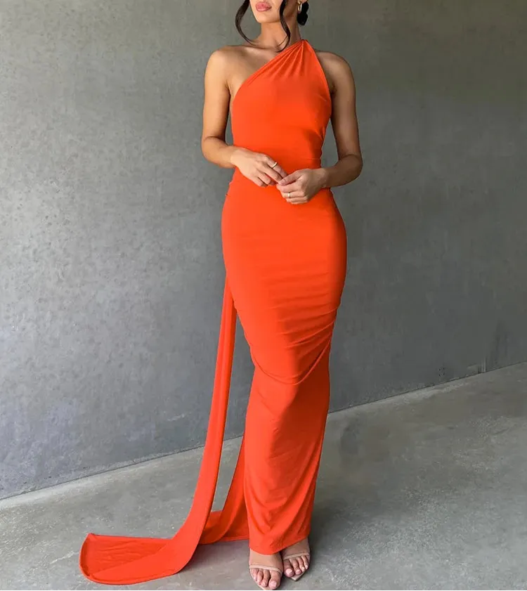 Alencia One Shoulder Bodycon Maxi Dress with Train  Formal Occasion Dress for Women