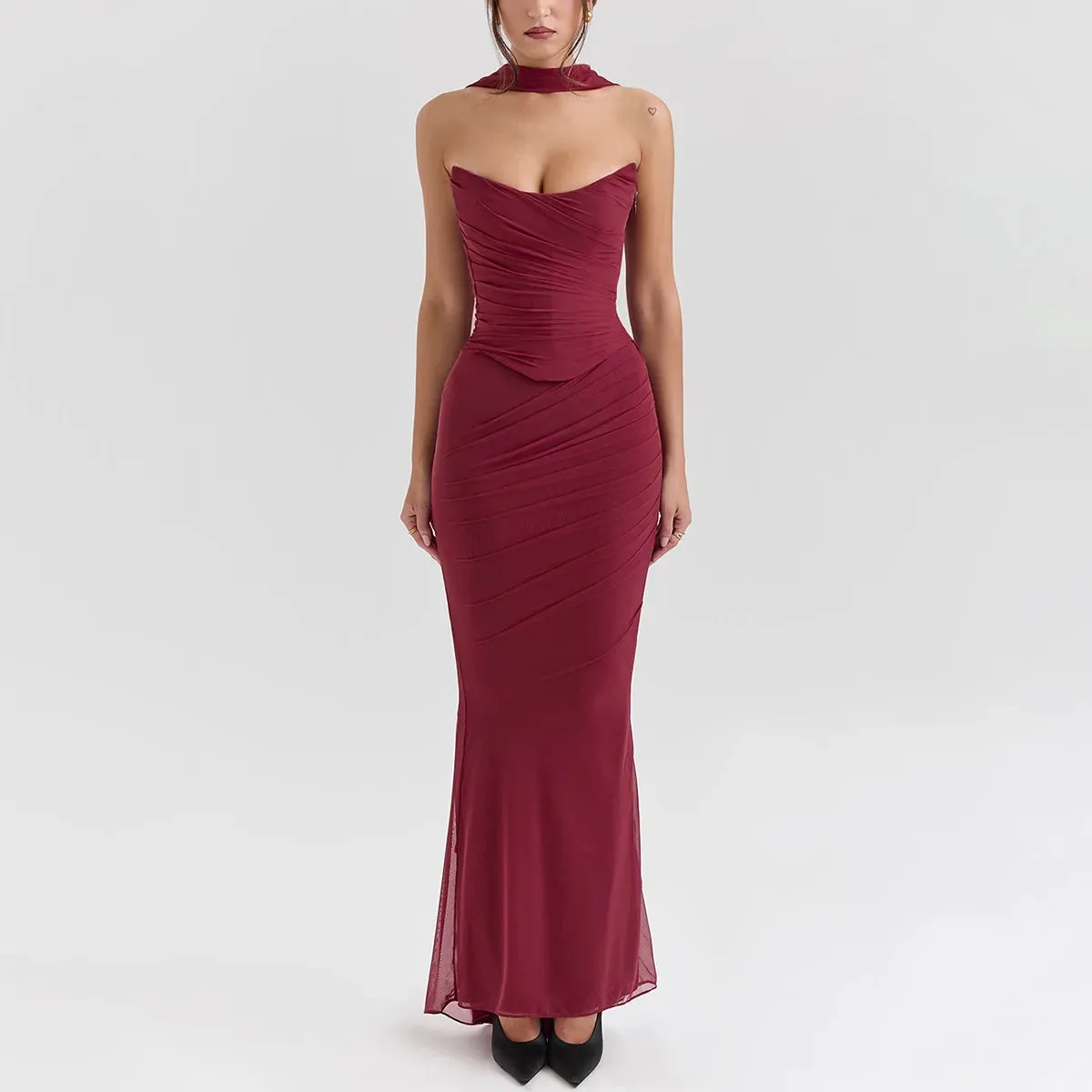 Amira Strapless Ruched Two-Piece Maxi Dress Wine Red, Pink & Sky Blue