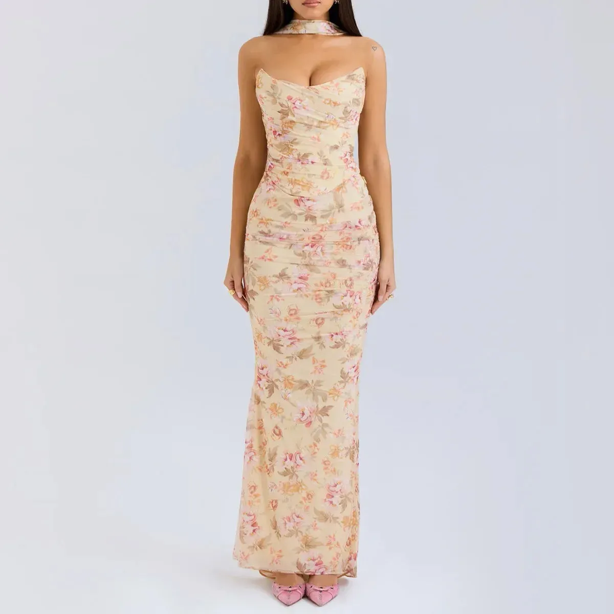 Amira Strapless Ruched Two-Piece Maxi Dress  Wine Red, Pink & Sky Blue