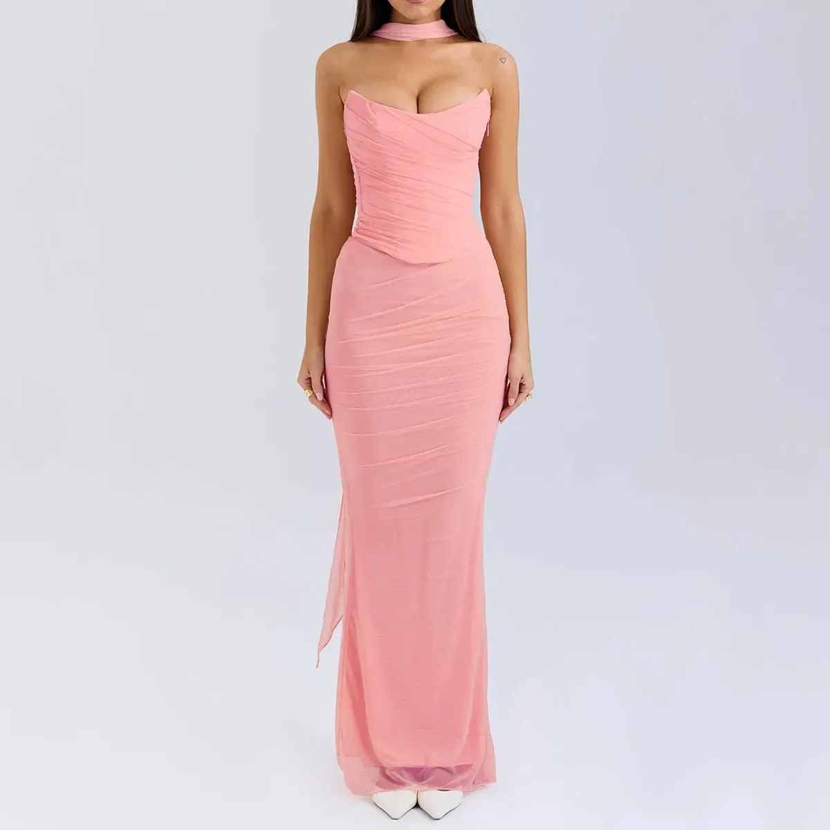 Amira Strapless Ruched Two-Piece Maxi Dress Wine Red, Pink & Sky Blue