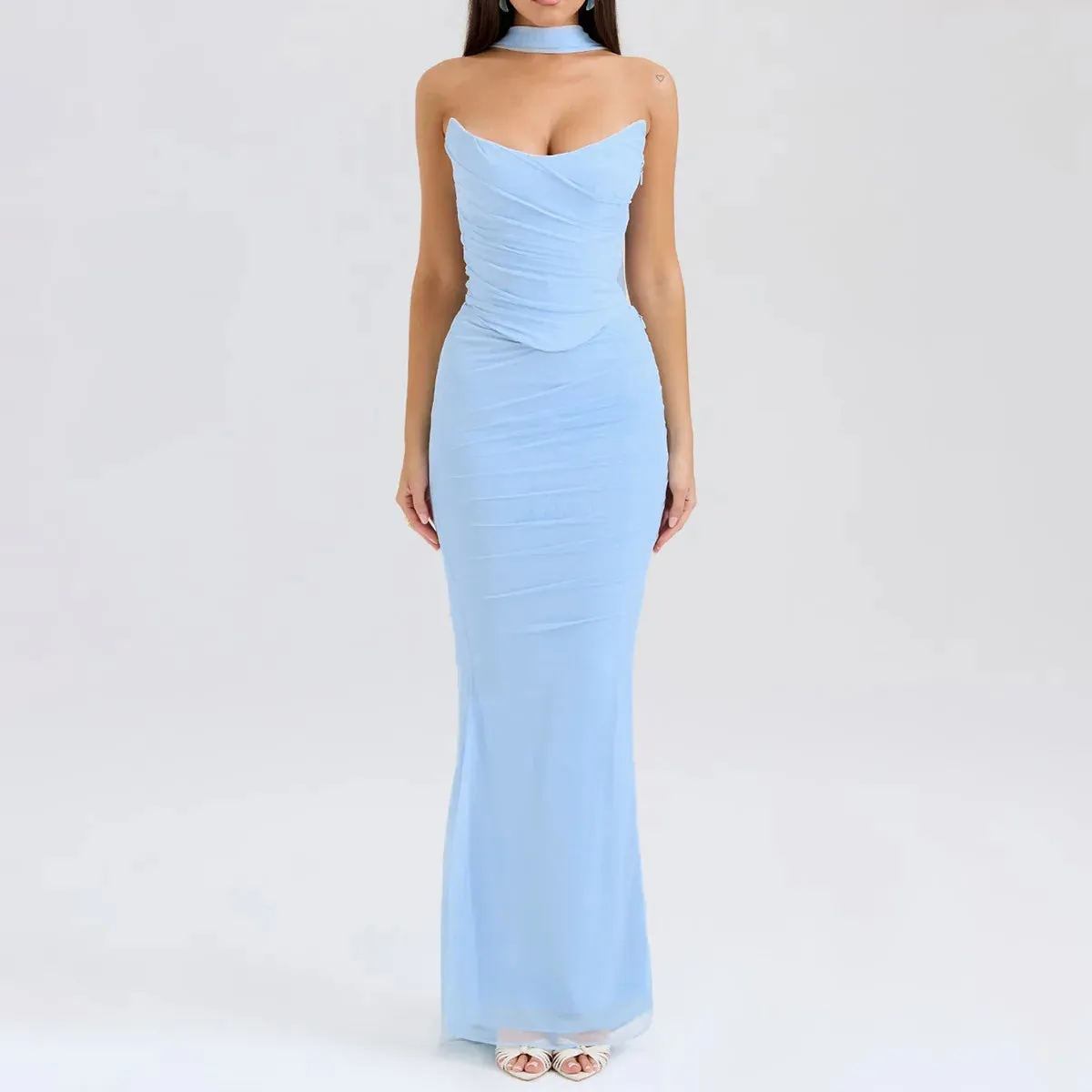 Amira Strapless Ruched Two-Piece Maxi Dress Wine Red, Pink & Sky Blue