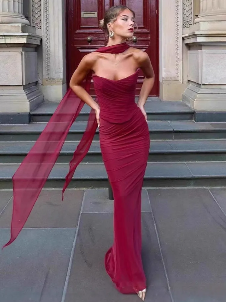 Amira Strapless Ruched Two-Piece Maxi Dress Wine Red, Pink & Sky Blue