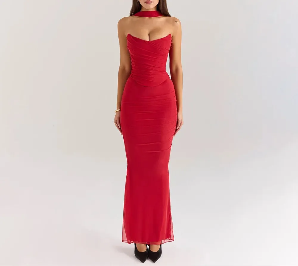 Amira Strapless Ruched Two-Piece Maxi Dress Wine Red, Pink & Sky Blue