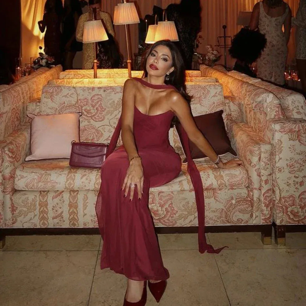 Amira Strapless Ruched Two-Piece Maxi Dress Wine Red, Pink & Sky Blue