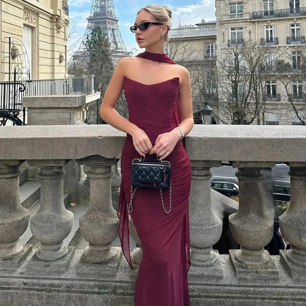 Amira Strapless Ruched Two-Piece Maxi Dress Wine Red, Pink & Sky Blue