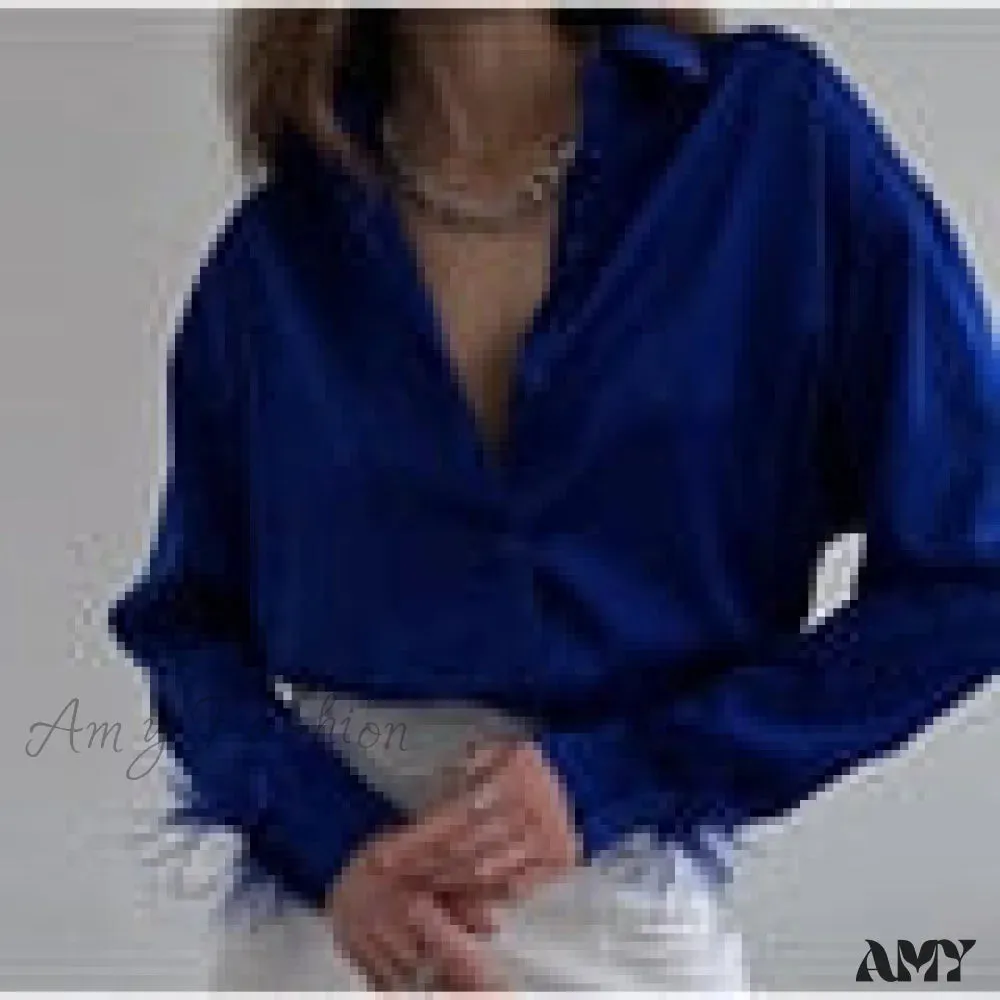 Amy Fashion - Elegant Long Sleeve Spliced Feathers Solid Blouse