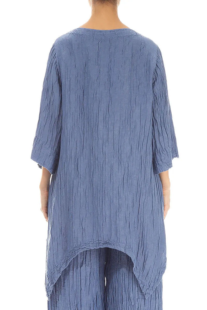 Asymmetric Crinkled Blue Nova Silk Linen Tunic