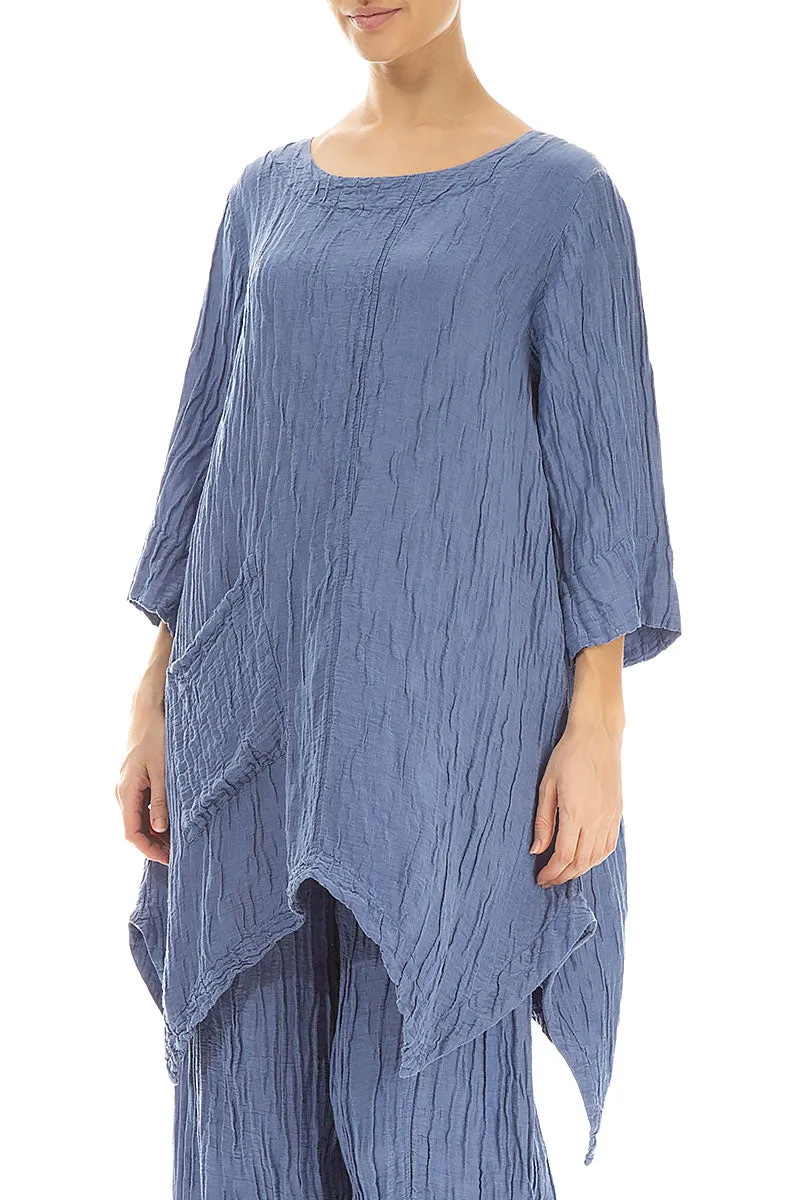 Asymmetric Crinkled Blue Nova Silk Linen Tunic