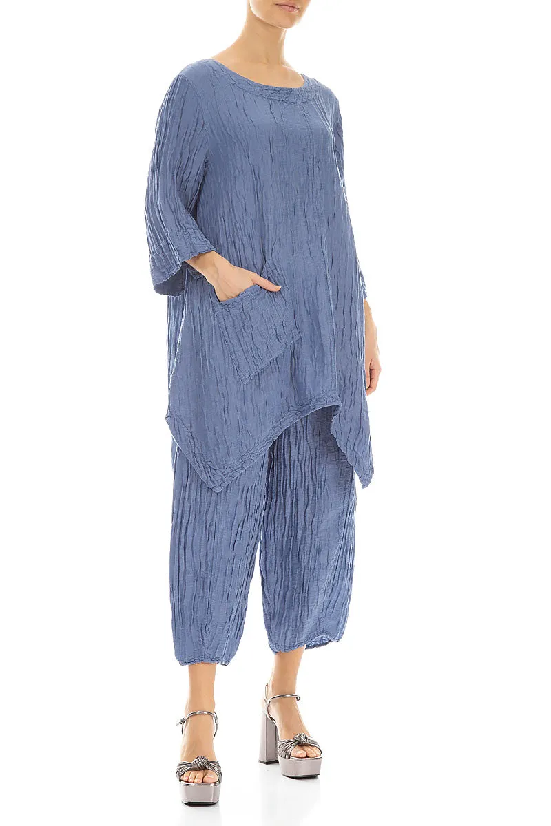Asymmetric Crinkled Blue Nova Silk Linen Tunic