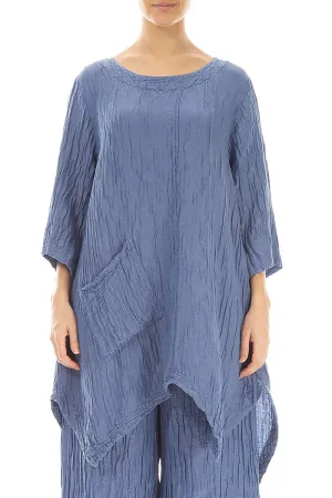 Asymmetric Crinkled Blue Nova Silk Linen Tunic