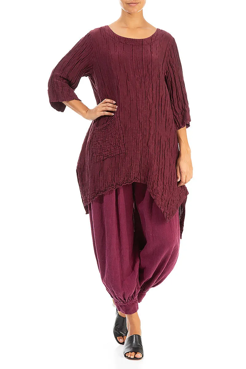Asymmetric Crinkled Burgundy Silk Linen Tunic