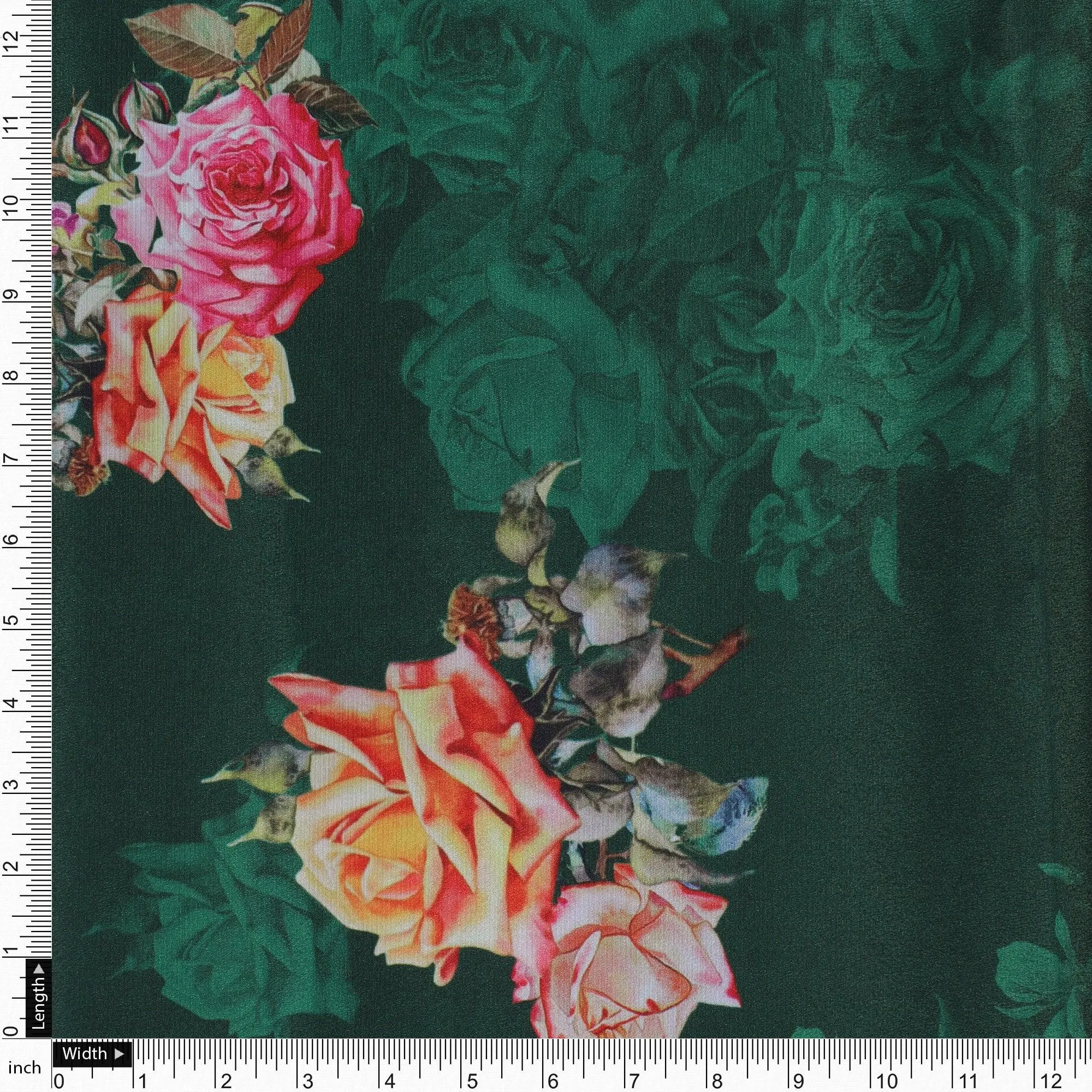 Beautiful Roses With Leaves Digital Printed Fabric - Silk Crepe