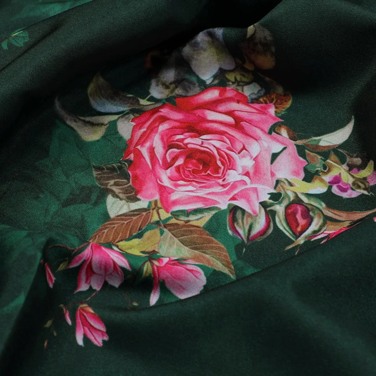 Beautiful Roses With Leaves Digital Printed Fabric - Silk Crepe