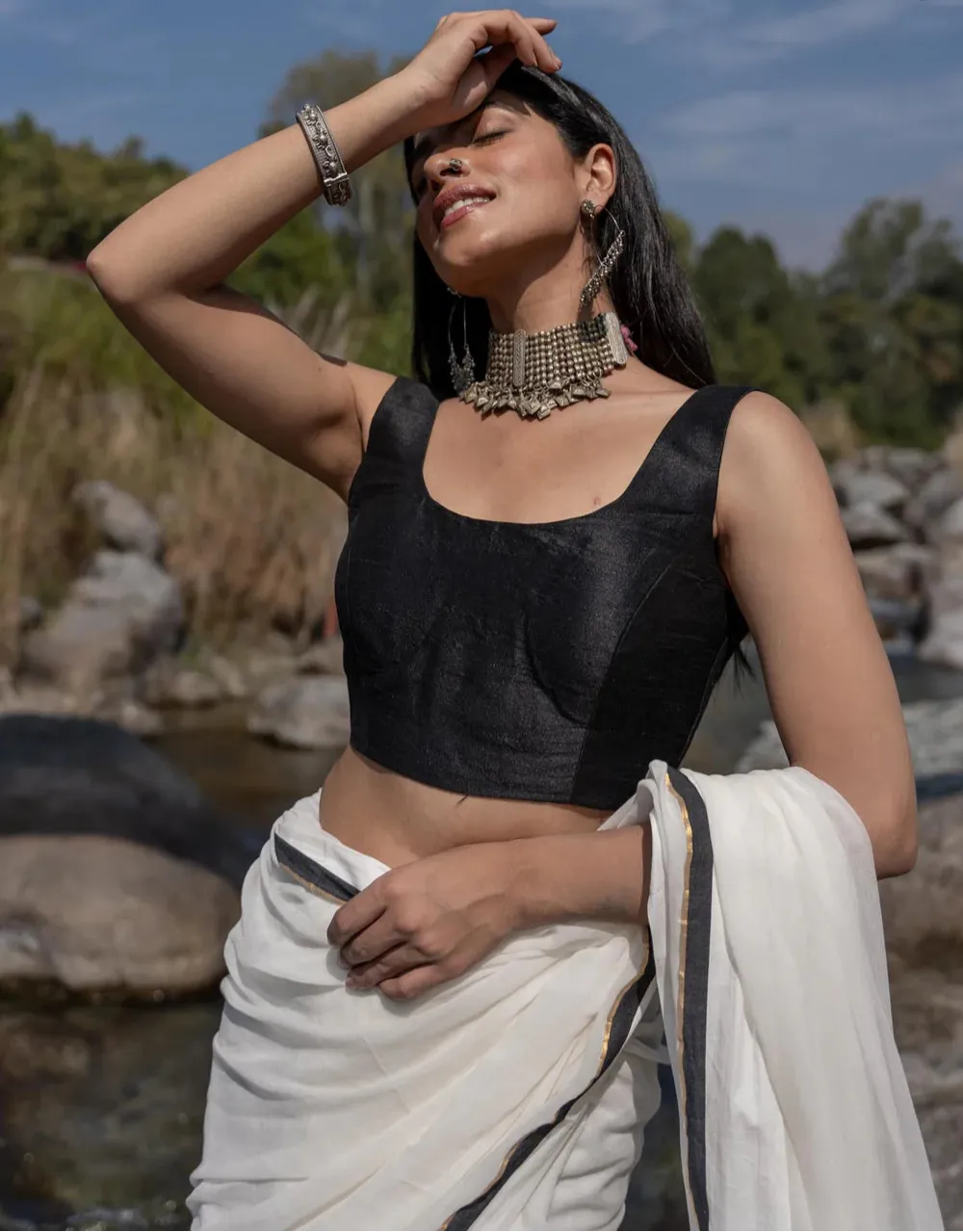 Black Silk Sleeveless Padded Blouse