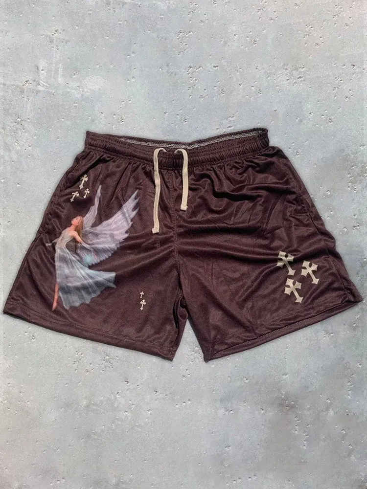 Blavra Casual Angel Faith Print Mesh Shorts