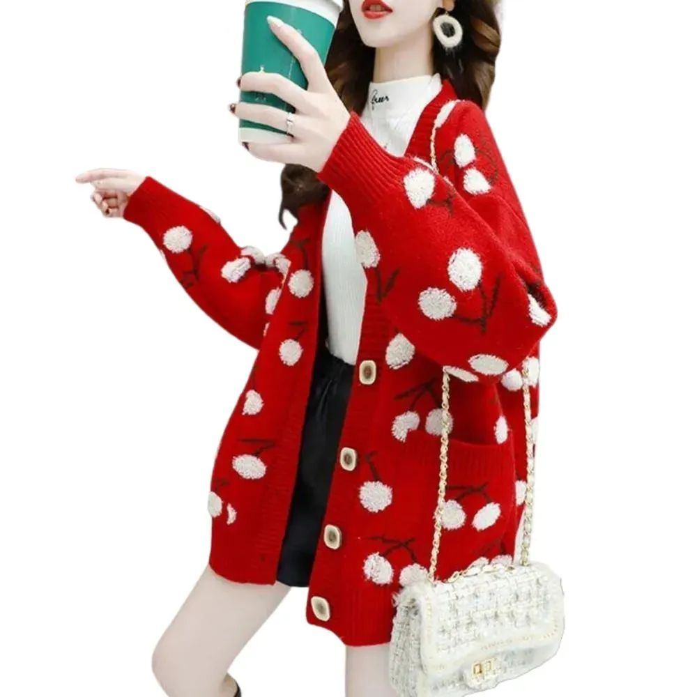 Cherry Pattern Korean Style Knitted Ladies Cardigan Casual Kawaii Harajuku Fruit Geek Chic