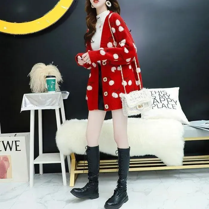 Cherry Pattern Korean Style Knitted Ladies Cardigan Casual Kawaii Harajuku Fruit Geek Chic