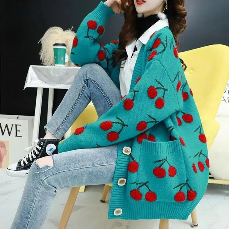 Cherry Pattern Korean Style Knitted Ladies Cardigan Casual Kawaii Harajuku Fruit Geek Chic