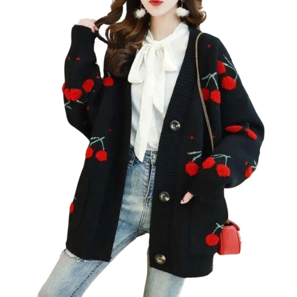 Cherry Pattern Korean Style Knitted Ladies Cardigan Casual Kawaii Harajuku Fruit Geek Chic