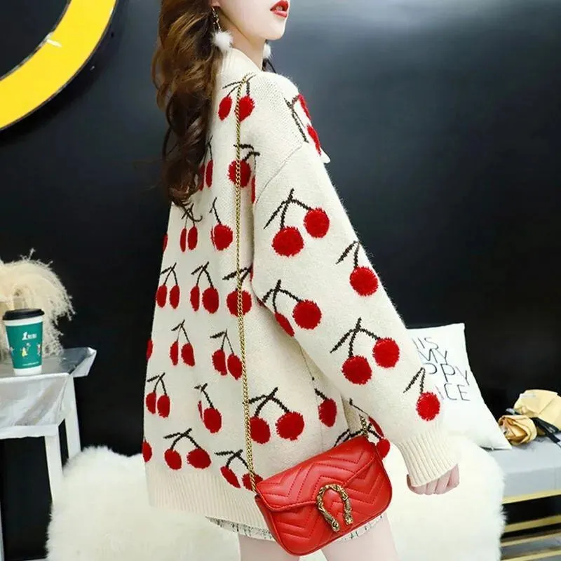 Cherry Pattern Korean Style Knitted Ladies Cardigan Casual Kawaii Harajuku Fruit Geek Chic