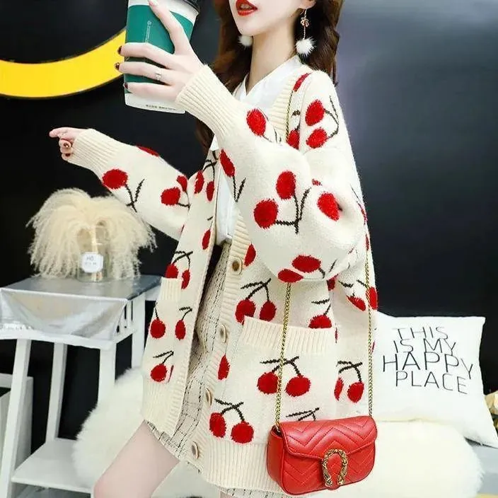 Cherry Pattern Korean Style Knitted Ladies Cardigan Casual Kawaii Harajuku Fruit Geek Chic