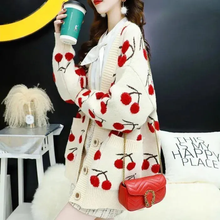 Cherry Pattern Korean Style Knitted Ladies Cardigan Casual Kawaii Harajuku Fruit Geek Chic