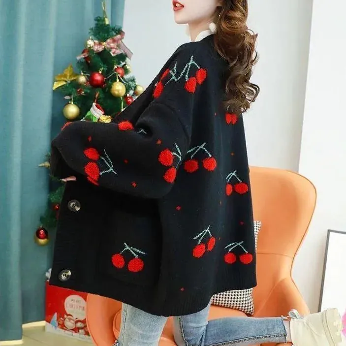 Cherry Pattern Korean Style Knitted Ladies Cardigan Casual Kawaii Harajuku Fruit Geek Chic