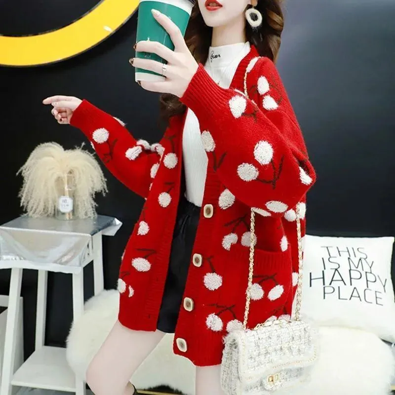 Cherry Pattern Korean Style Knitted Ladies Cardigan Casual Kawaii Harajuku Fruit Geek Chic