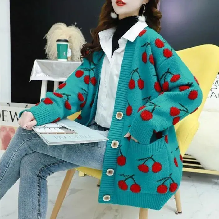 Cherry Pattern Korean Style Knitted Ladies Cardigan Casual Kawaii Harajuku Fruit Geek Chic