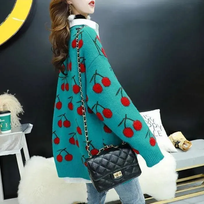 Cherry Pattern Korean Style Knitted Ladies Cardigan Casual Kawaii Harajuku Fruit Geek Chic