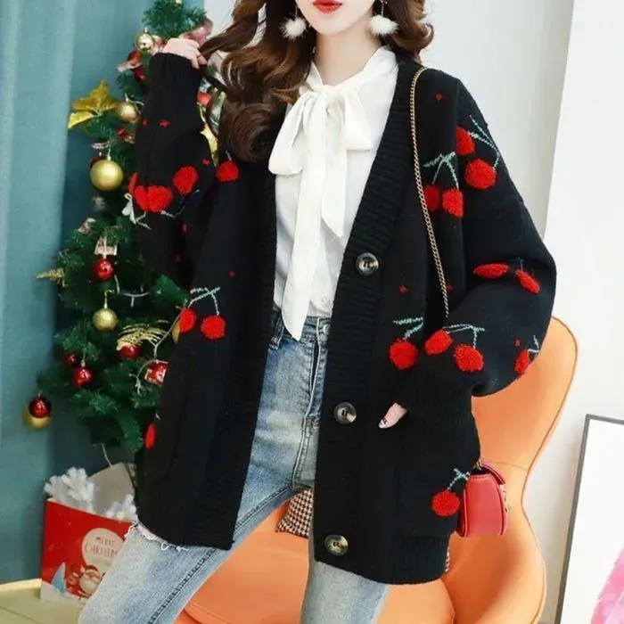 Cherry Pattern Korean Style Knitted Ladies Cardigan Casual Kawaii Harajuku Fruit Geek Chic