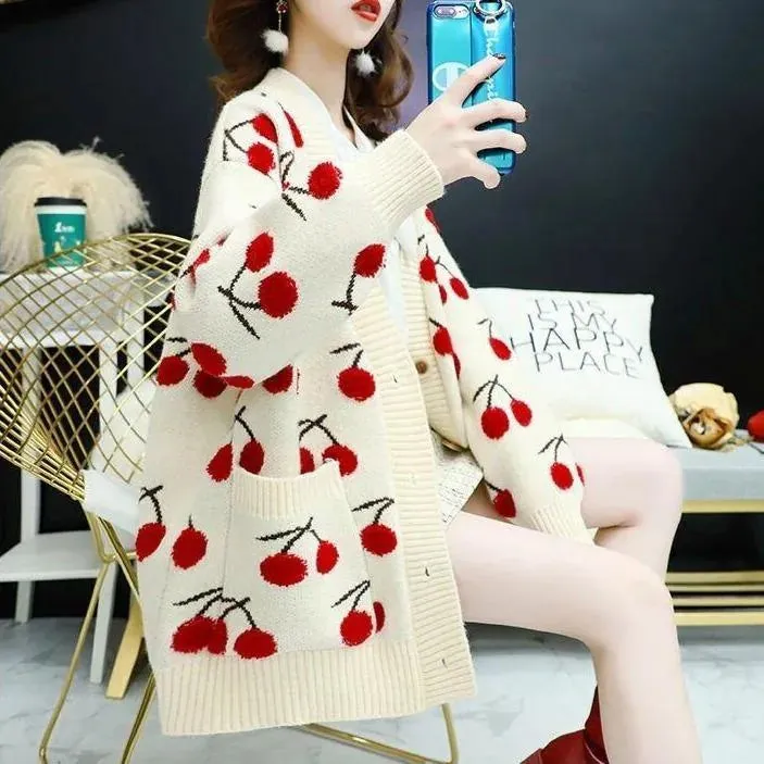Cherry Pattern Korean Style Knitted Ladies Cardigan Casual Kawaii Harajuku Fruit Geek Chic