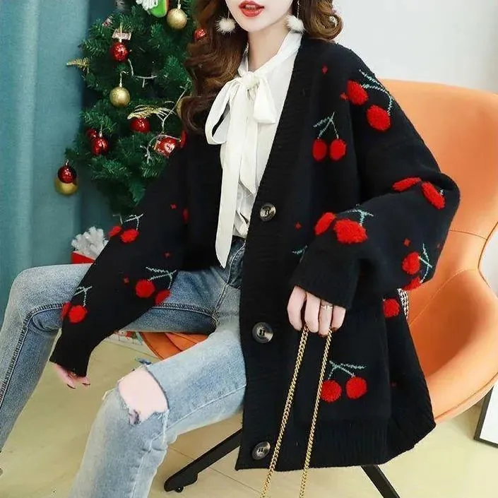 Cherry Pattern Korean Style Knitted Ladies Cardigan Casual Kawaii Harajuku Fruit Geek Chic