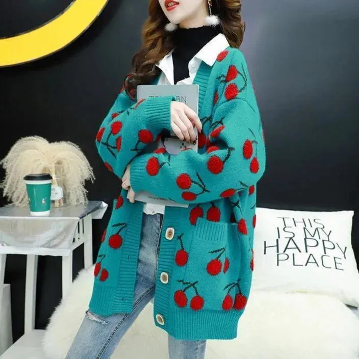 Cherry Pattern Korean Style Knitted Ladies Cardigan Casual Kawaii Harajuku Fruit Geek Chic