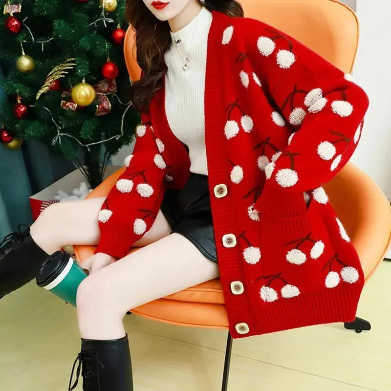 Cherry Pattern Korean Style Knitted Ladies Cardigan Casual Kawaii Harajuku Fruit Geek Chic