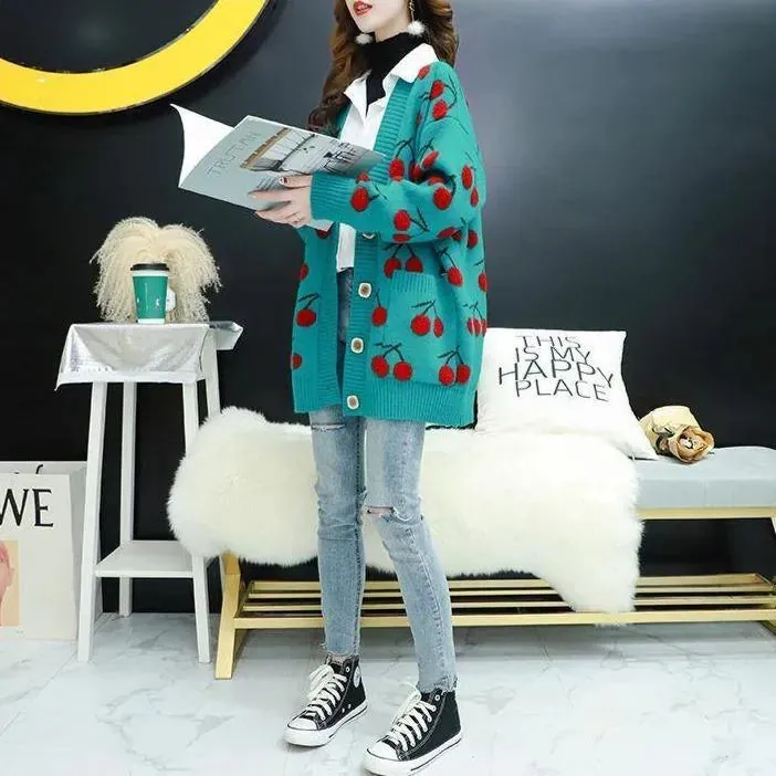 Cherry Pattern Korean Style Knitted Ladies Cardigan Casual Kawaii Harajuku Fruit Geek Chic