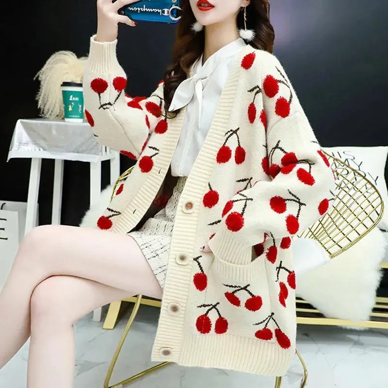 Cherry Pattern Korean Style Knitted Ladies Cardigan Casual Kawaii Harajuku Fruit Geek Chic