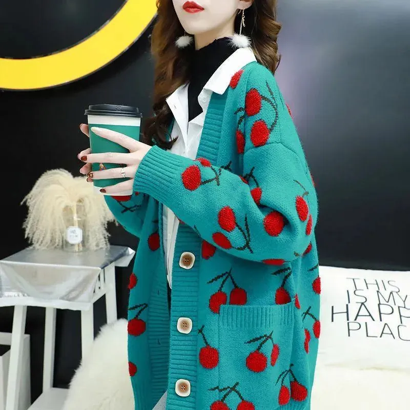 Cherry Pattern Korean Style Knitted Ladies Cardigan Casual Kawaii Harajuku Fruit Geek Chic