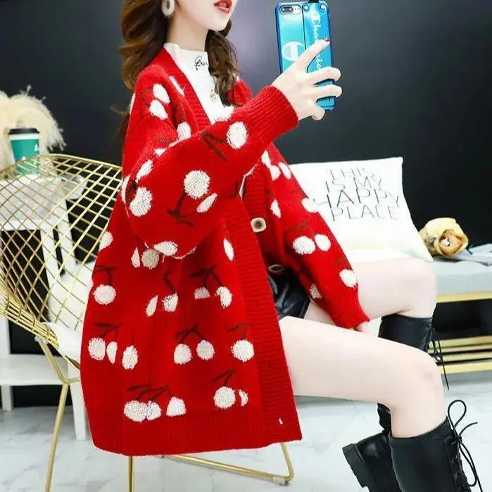 Cherry Pattern Korean Style Knitted Ladies Cardigan Casual Kawaii Harajuku Fruit Geek Chic