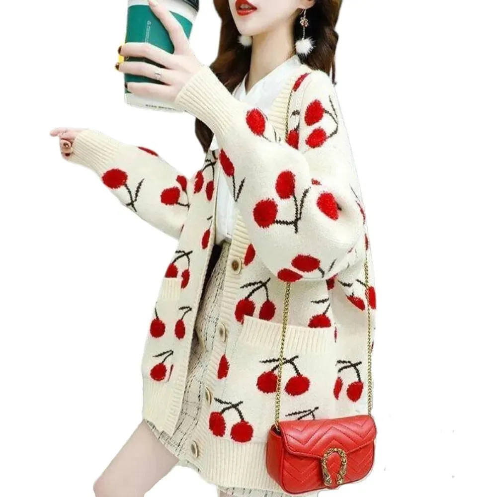 Cherry Pattern Korean Style Knitted Ladies Cardigan Casual Kawaii Harajuku Fruit Geek Chic