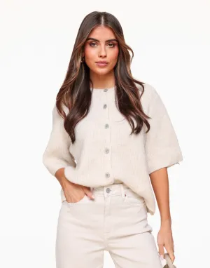 Creme Gebreide 3/4 Mouwen - Vest