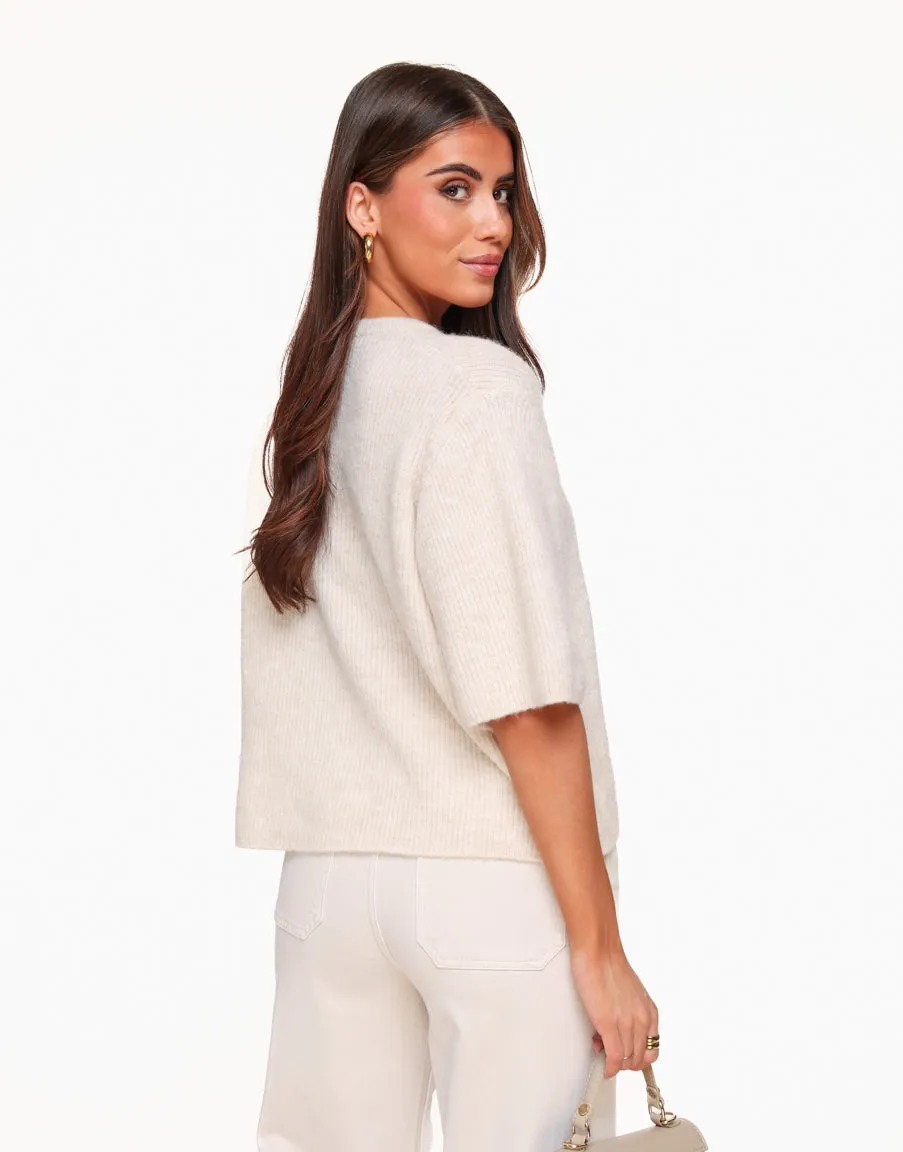 Creme Gebreide 3/4 Mouwen - Vest
