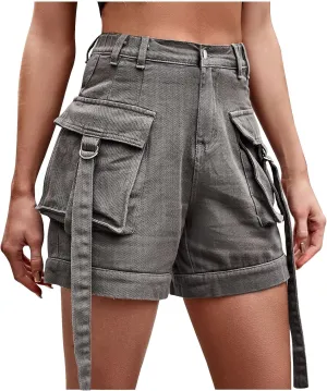 Deals of Today Prime by Hour Denim Shorts Women High Waisted Workwear Zippered Multiple Pockets Trendy 2024 Shorts Vintage Style Baggy Jean Shorts Womens Shorts Casual Gray S