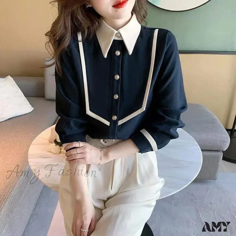 Elegant Corduroy Patchwork Buttons Piping Peaked Spring Fashion Top Blouse