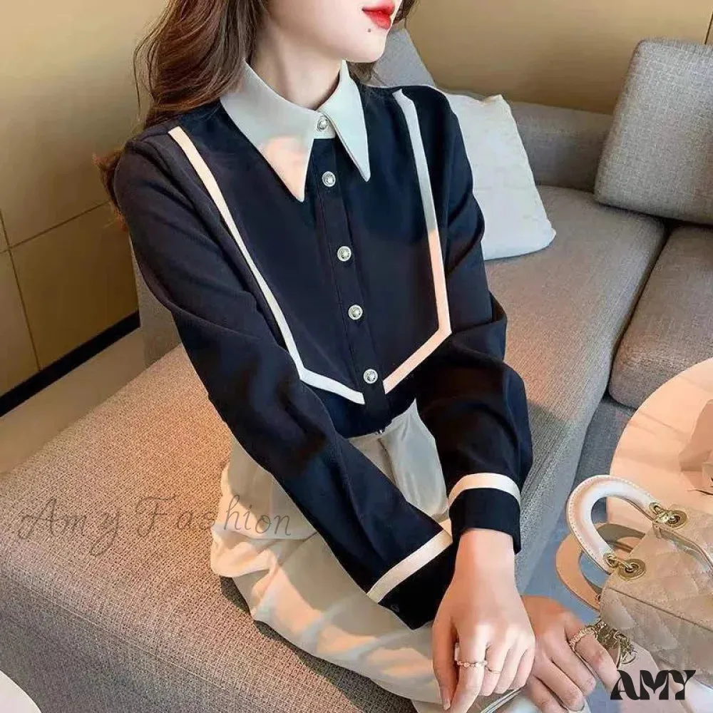 Elegant Corduroy Patchwork Buttons Piping Peaked Spring Fashion Top Blouse