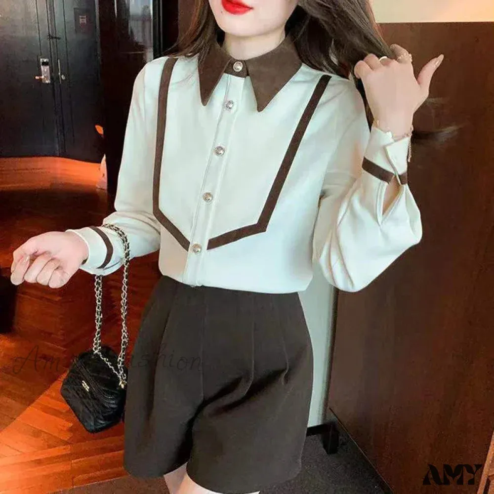 Elegant Corduroy Patchwork Buttons Piping Peaked Spring Fashion Top Blouse