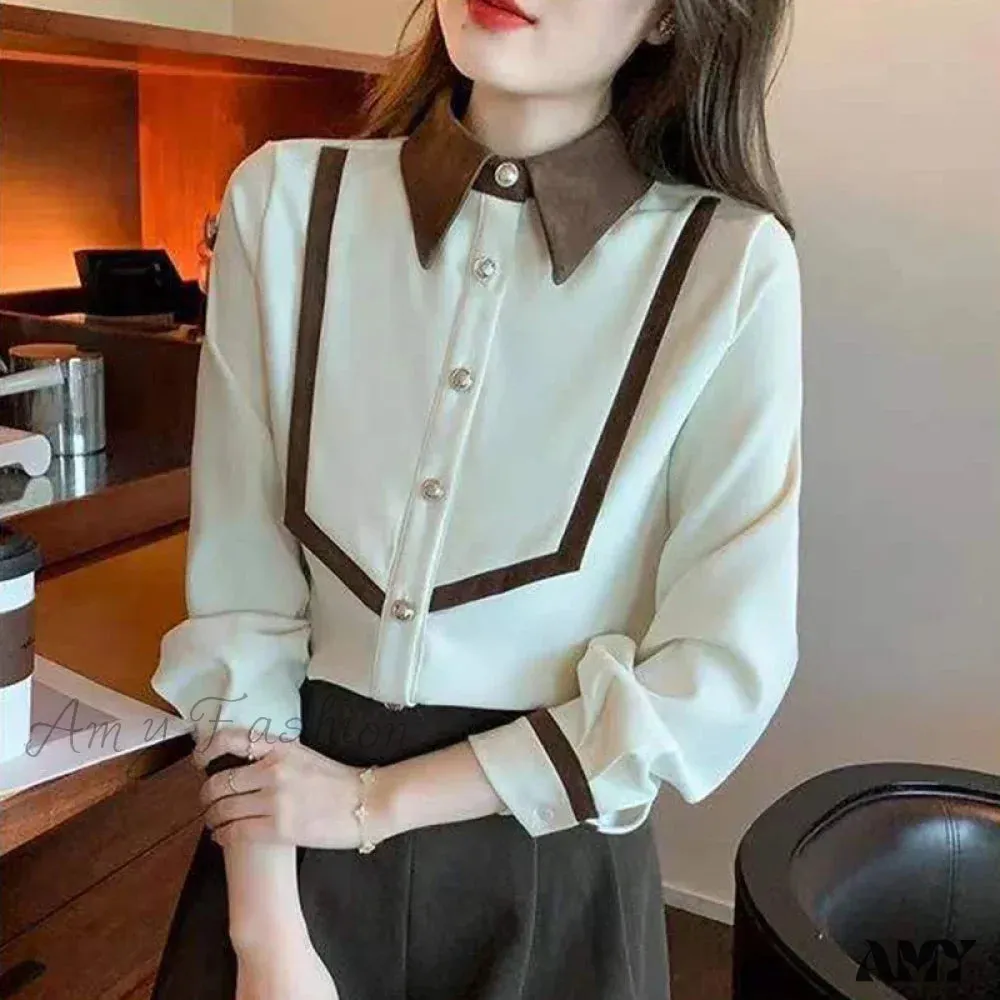 Elegant Corduroy Patchwork Buttons Piping Peaked Spring Fashion Top Blouse